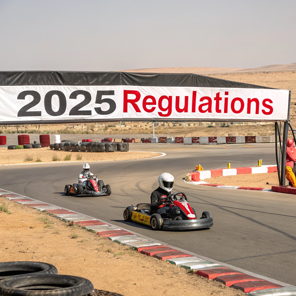 Two go-karts racing on a track under a banner that reads '2025 Regulations,' set in a desert landscape with tires and barriers marking the course.